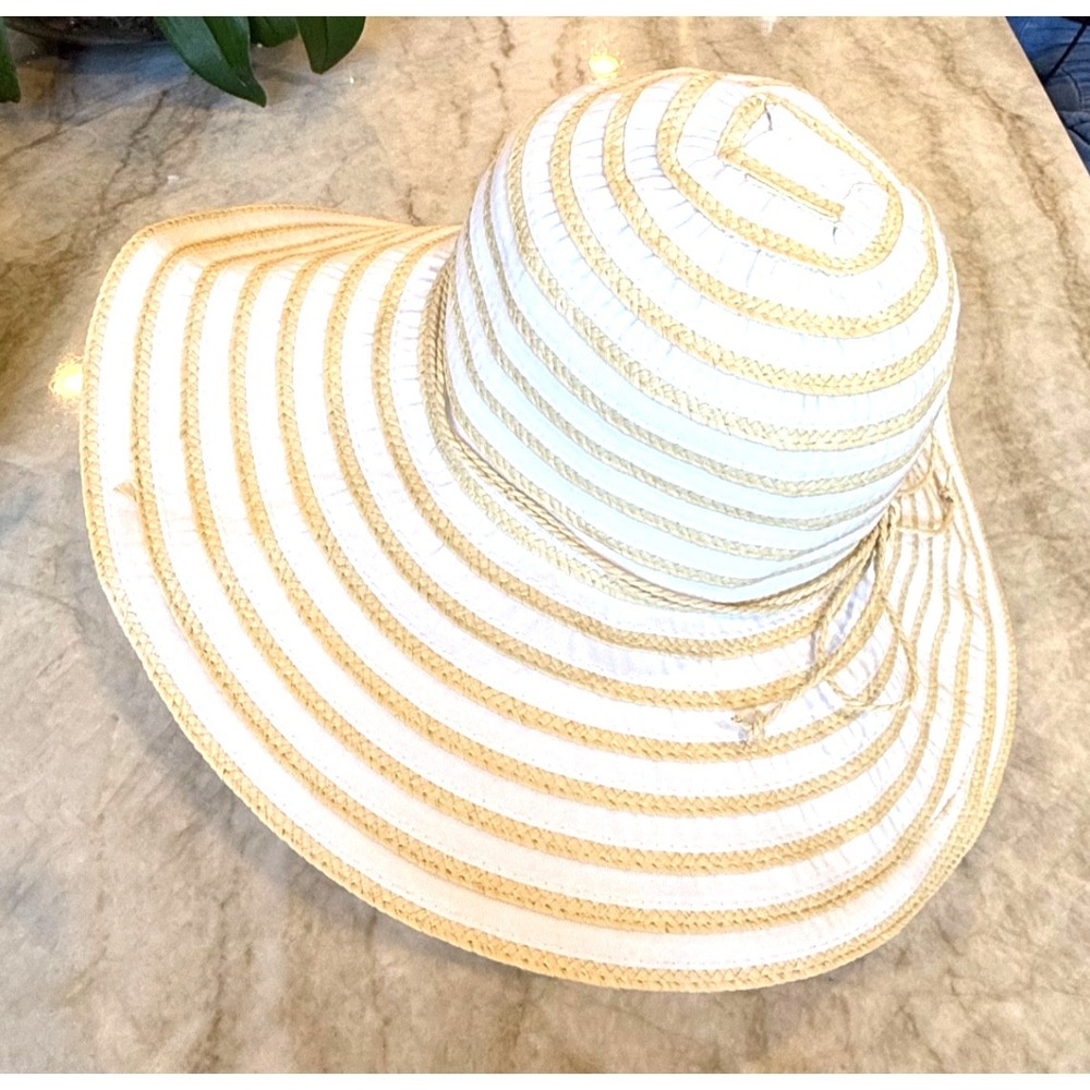 Panama Jack Wide Floppy Brim Straw Polyester Sun Hat Beige White‎ Beach Pool